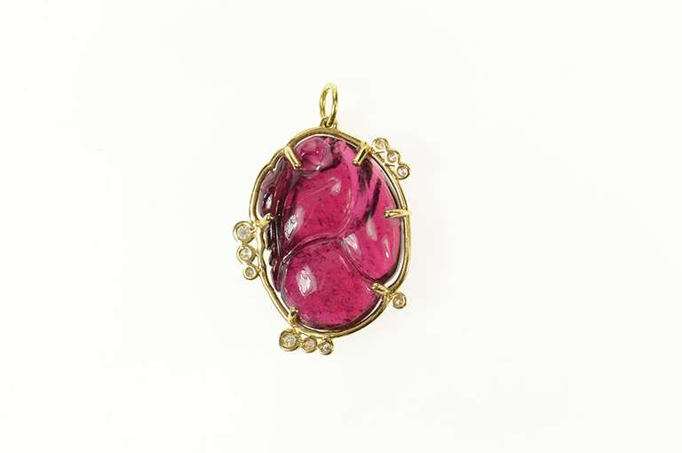 18K Yellow Gold Ornate Carved Pink Tourmaline Statement Pendant