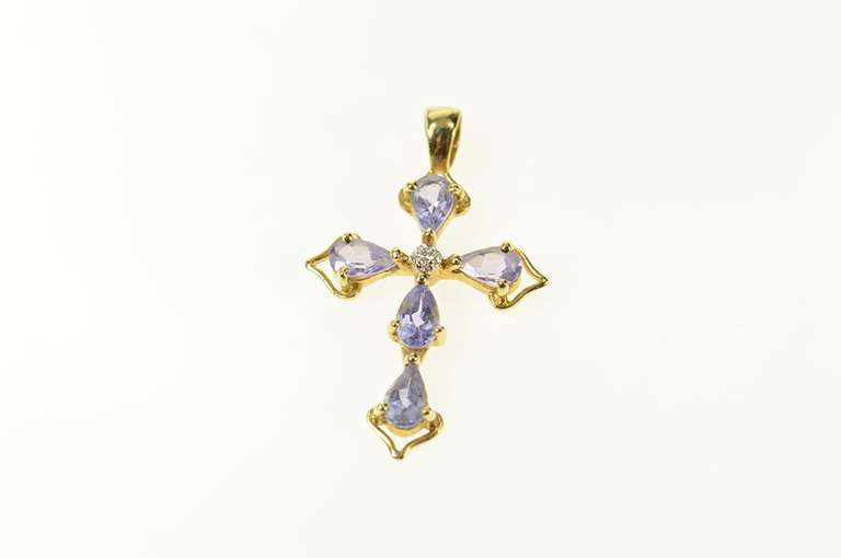 14K Yellow Gold Pear Tanzanite Diamond Accent Cross Pendant