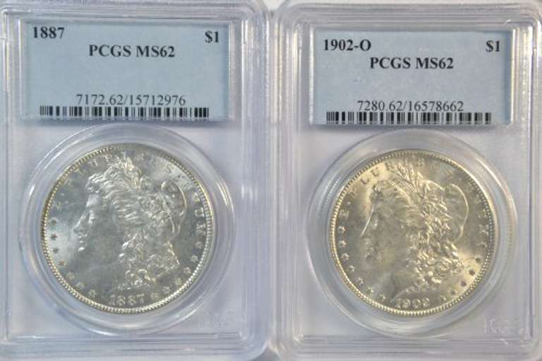 PCGS MS62 1887 & 1902-O Morgan Silver Dollars. Flashy