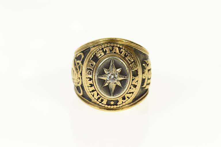 10K Yellow Gold United States Navy Diamond Ornate Military Ring