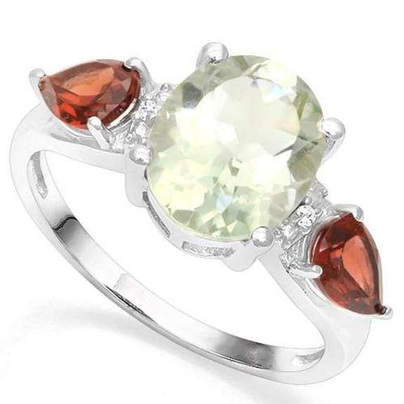925 STERLING SILVER OV 8*10 MM GREEN AMETHYST , GARNET AND DIAMOND WOMEN RING