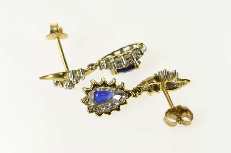 10K Yellow Gold Pear Syn. Sapphire Diamond Halo Dangle Earrings