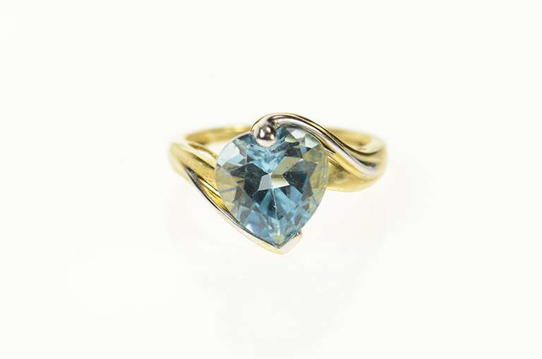10K Yellow Gold Pear Blue Topaz Ornate Bypass Statement Ring