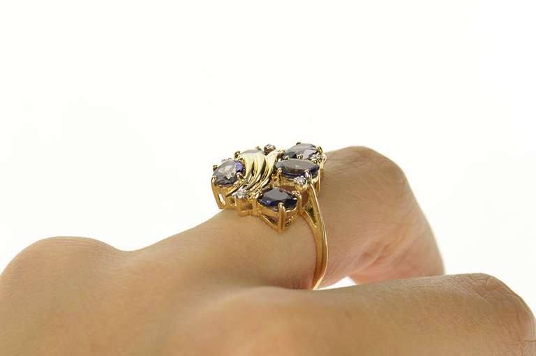14K Yellow Gold Iolite Diamond Cluster Ornate Cocktail Ring