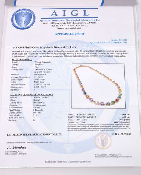 Colorful Sapphires Set in 14K Yellow Gold Diamond Necklace