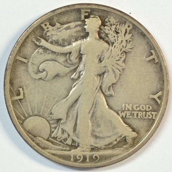 Very scarce 1919-D Walking Liberty Half Dollar in VF