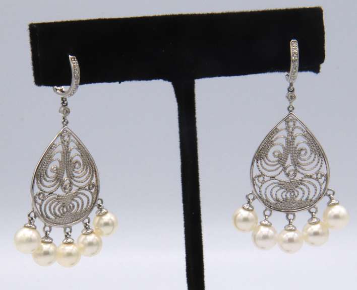 6MM CULTURED PEARL AND DIAMOND CHANDELIER EARRINGS.
