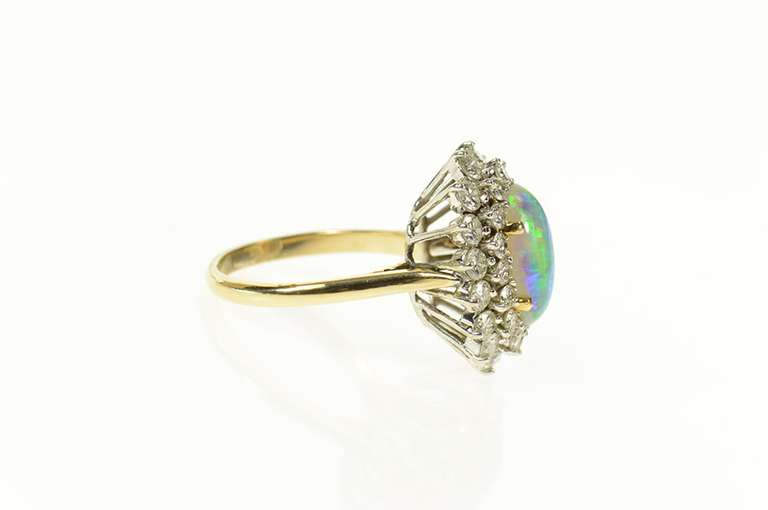 14K Yellow Gold 1940's Natural Opal 1.92 Ctw Diamond Halo Ring