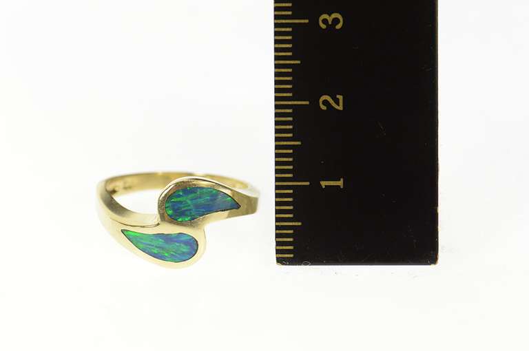 14K Yellow Gold Tear Drop Black Opal Inlay Bypass Statement Ring