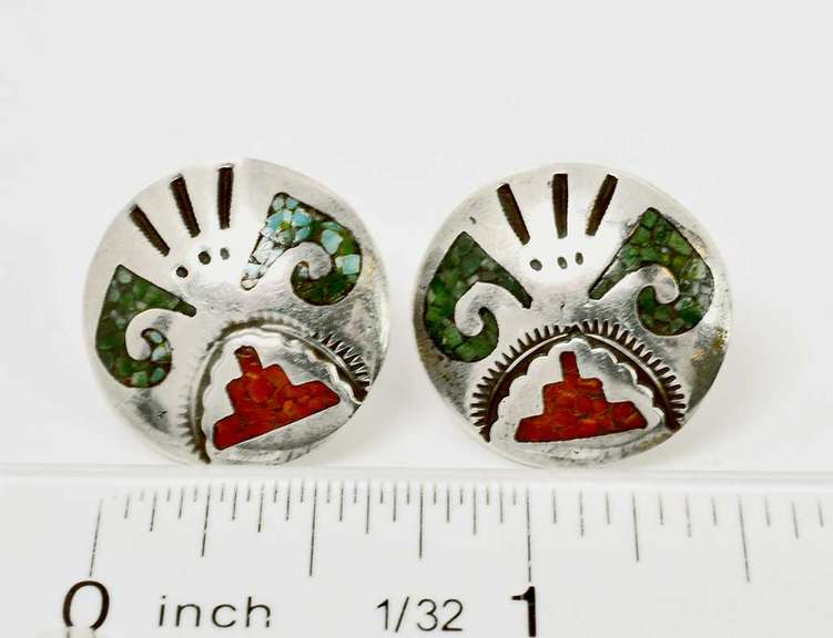 Sterling Silver Native American Coral And Turquoise Earring.