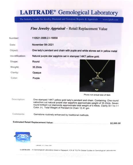 Stunning Cabochon Cut Purple Star Sapphire and Diamond Pendant on Chain