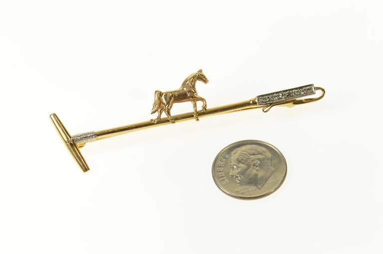 10K Yellow Gold Diamond Horse Polo Mallet Polocrosse Pin/Brooch