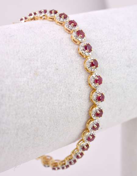 Ravishing 6.25CTW Rubies Set in Yellow Gold Plated Sterling Silver Bracelet with 0.88CTW Sparkling Diamonds Accents