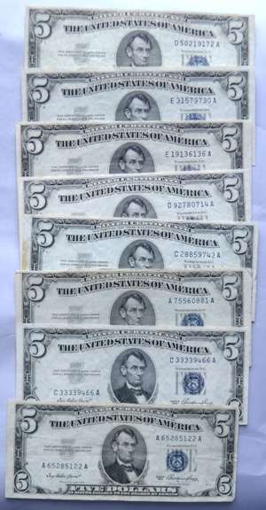 8 1953 Various Series $5 Blue Seal Silver Certificates