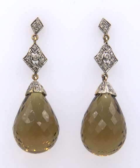18 KT GOLD TEAR DROP EARRINGS WITH DIAMONDS QUARTZ