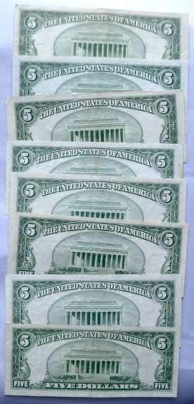 8 1953 Various Series $5 Blue Seal Silver Certificates.