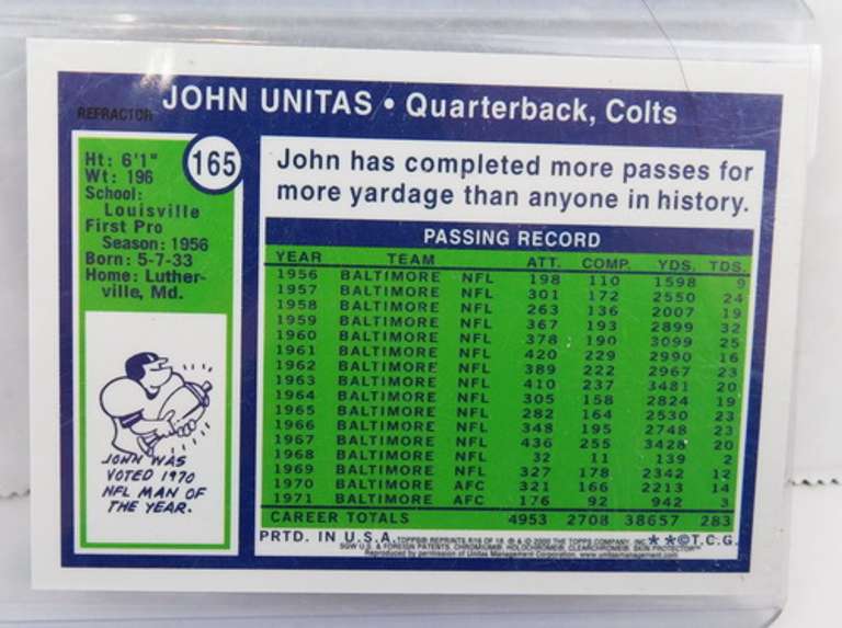Johnny Unitas Topps #165 Reprint Football Card