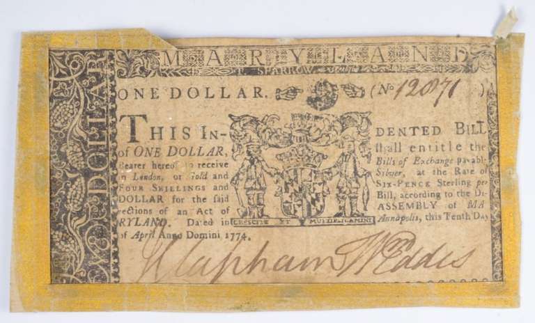 1774 Colonial Maryland - Annapolis 1 Dollar Note