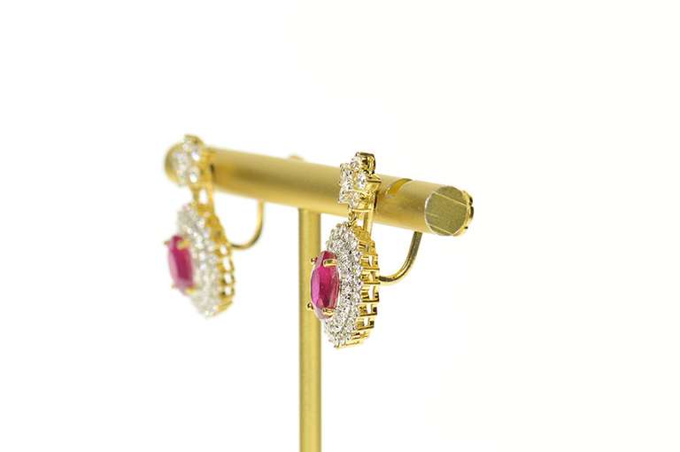 14K Yellow Gold 4.76 Ctw Natural Ruby Diamond Halo Dangle Earrings