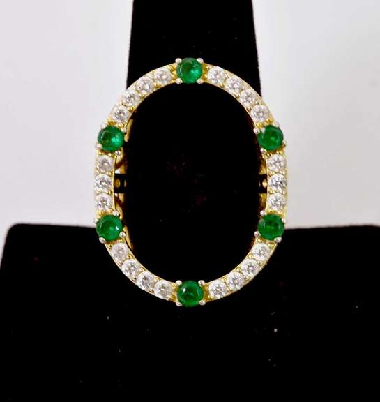 Sterling Silver Gold Plated Green And White Gemstone Ring.