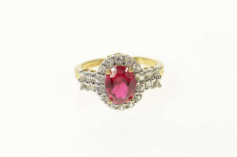 10K Yellow Gold Oval Syn. Ruby CZ Halo Classic Statement Ring