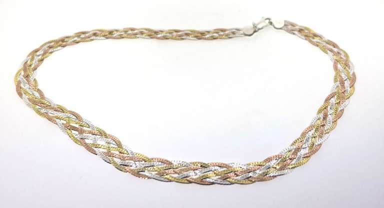 Tricolor Handmade Italian Sterling Silver Braid Chain Necklace