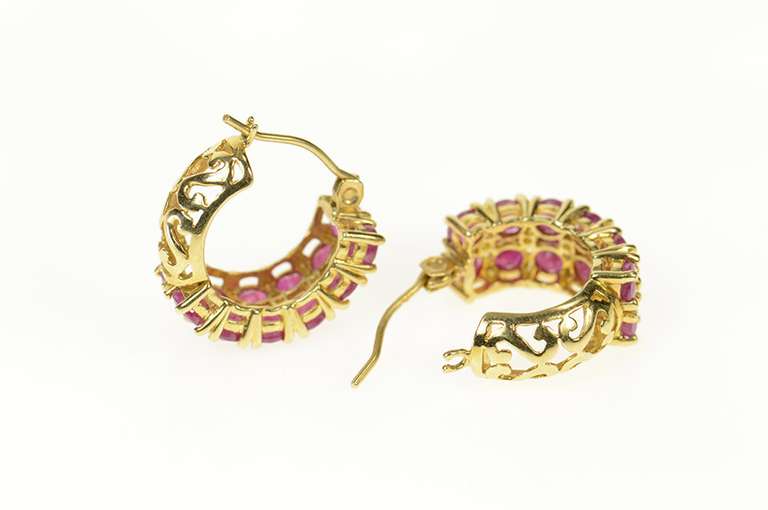 14K Yellow Gold Squared Natural Ruby Filigree Statement Hoop Earrings