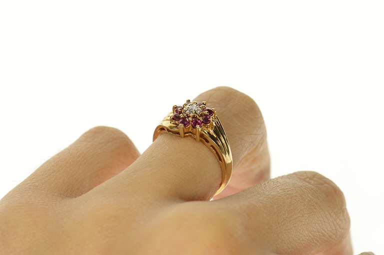 10K Yellow Gold Diamond Ruby Halo Round Flower Cluster Ring