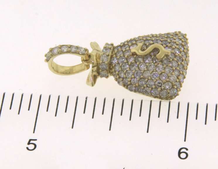 Glittering Diamond Money Bag Pendant in 10kt Yellow Gold