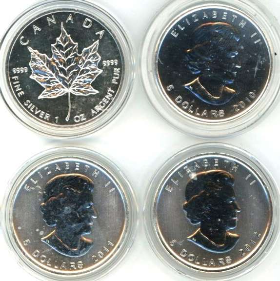 4 Diff. pure .9999 Fine silver Canada Maple Leafs in capsules
