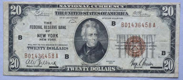 $ 20 Series of 1929 National Currency New York Note