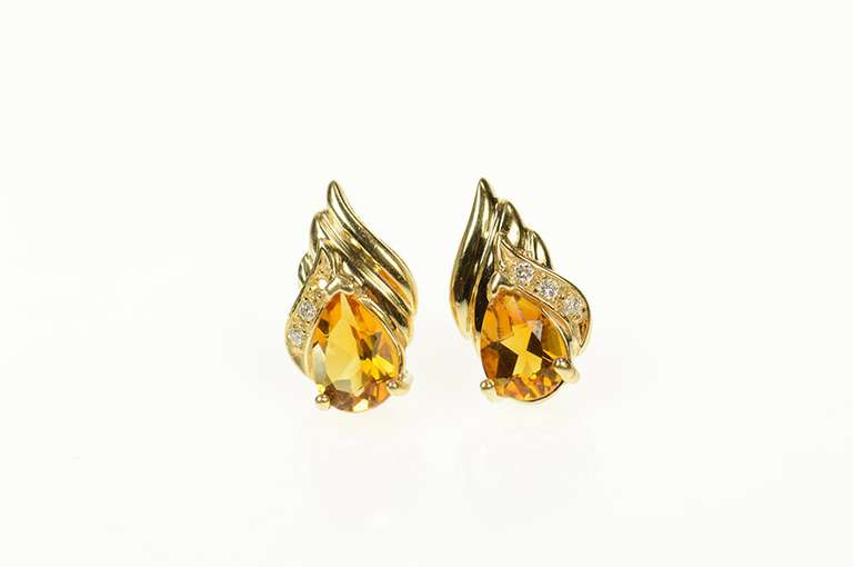 14K Yellow Gold Pear Citrine Diamond Accent Way Stud Earrings