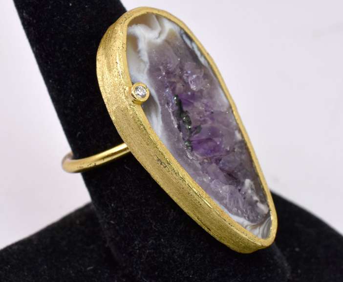 Large Multi-Color Geode Formation & CZ Set within A Yellow Gold Plated Sterling Silver Ring