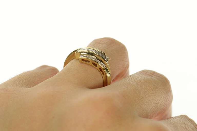 10K Yellow Gold Baguette Round Diamond Bypass Statement Ring