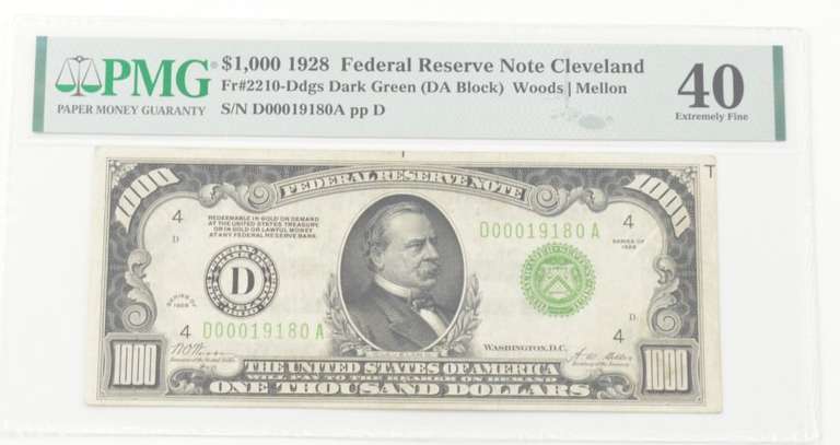 1928 $1000 Cleveland, OH. Federal Reserve Note - PMG - EF40