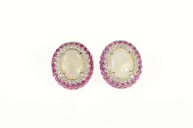 18K White Gold Oval Opal Diamond Ruby Halo Clip Back Earrings