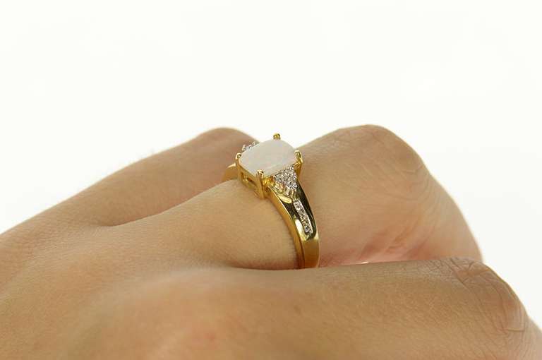 14K Yellow Gold Natural Opal Diamond Cluster Accent Statement Ring