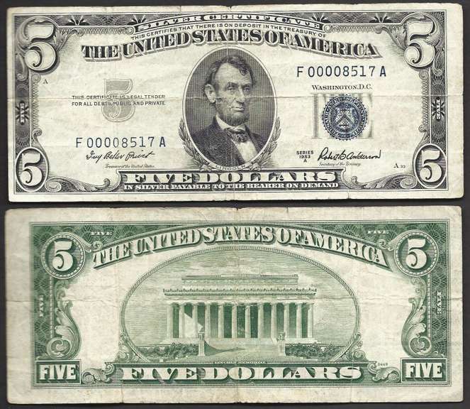 $5 1953-A SC Fr.1655 4 digit serial number Very Fine