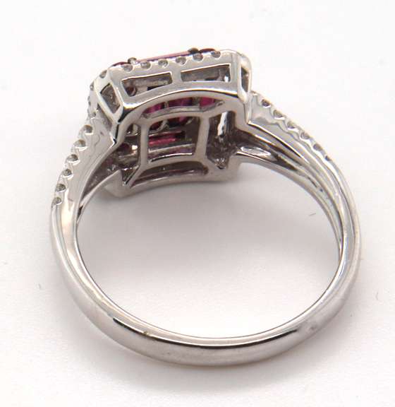 Brilliant 18k Stamped White Gold Square Cluster Ruby Ring with Sparkling Diamonds