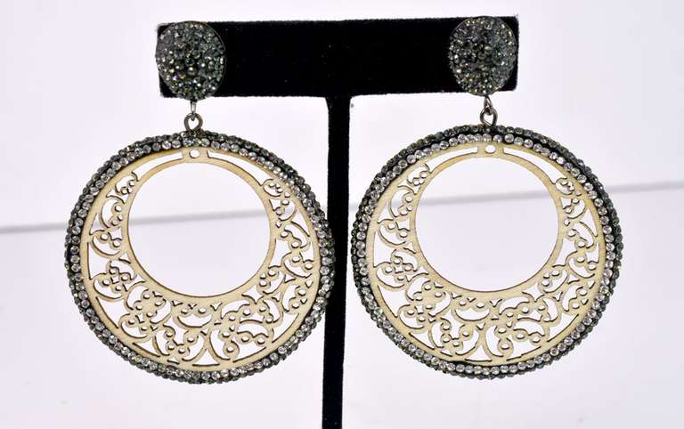 Beautiful Hand Carved Wood Dangle Earrings With Crystal Accents