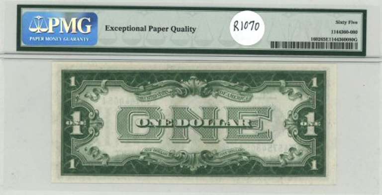 PMG-65 EPQ graded 1928-B $1 Silver Certificate Note. Super