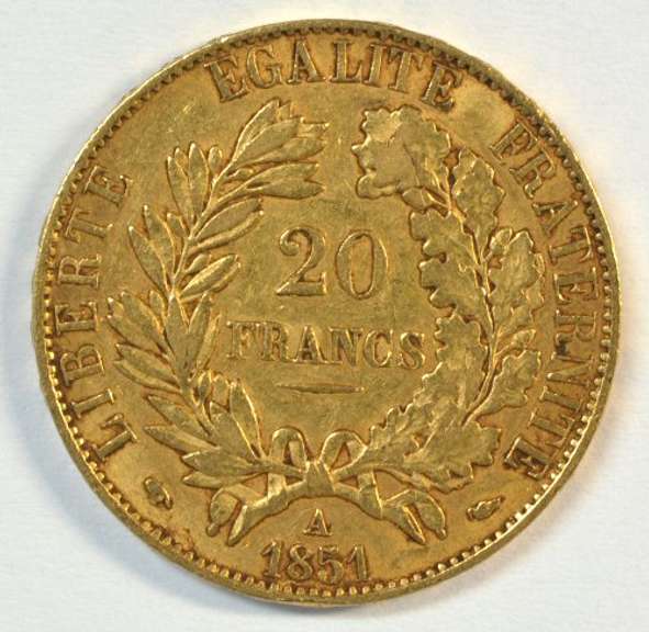 Real nice 1851-A French Republic 20 Francs Gold Piece