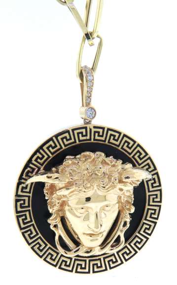 Handmade Italian 14k Gold Cable Chain Necklace with Onyx Greek Pendant with Head of Hermes