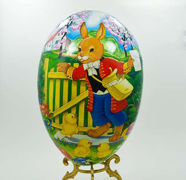 Vintage Large Nestler Paper Mache Easter Egg Candy Container Box, Depicting a Bunny Delivering Mail and Chicks