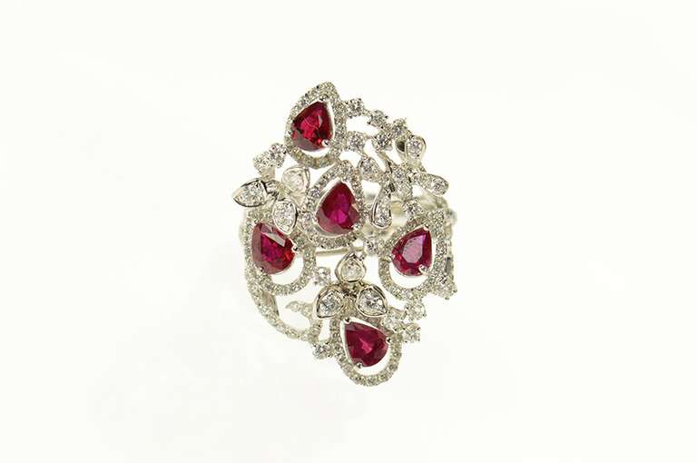 18K White Gold Pear Syn. Ruby 2.00 Ctw Diamond Cocktail Ring