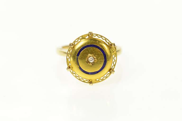 14K Yellow Gold Victorian Enamel Diamond Raised Cocktail Ring