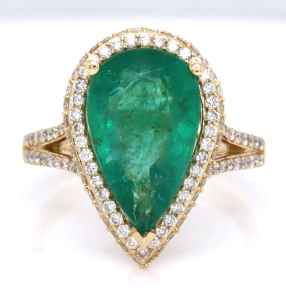 Glowing Yellow Gold Pear Cut Emerald w PAve Halo Ring w Split Shank Diamonds