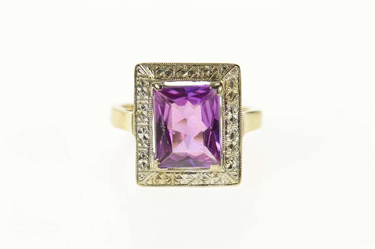 14K Yellow Gold Emerald Cut Syn. Amethyst Art Deco Etched Ring