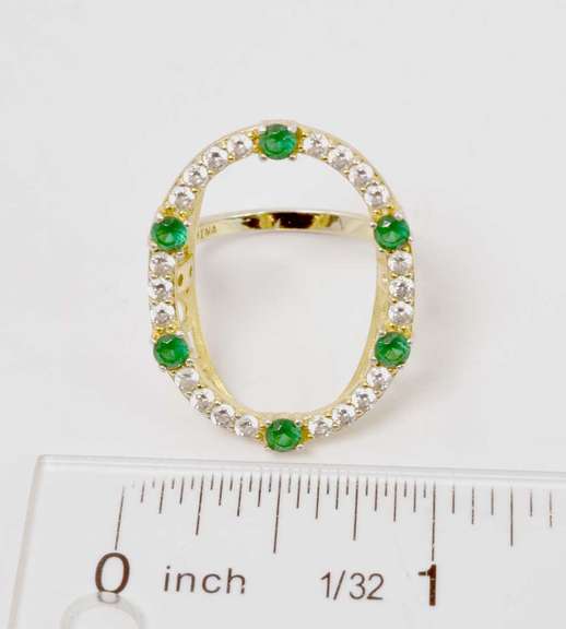 Sterling Silver Gold Plated Green And White Gemstone Ring.