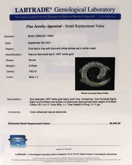 Powerful White Gold IR Teal and Diamond Swirl Ring with LGL Cert